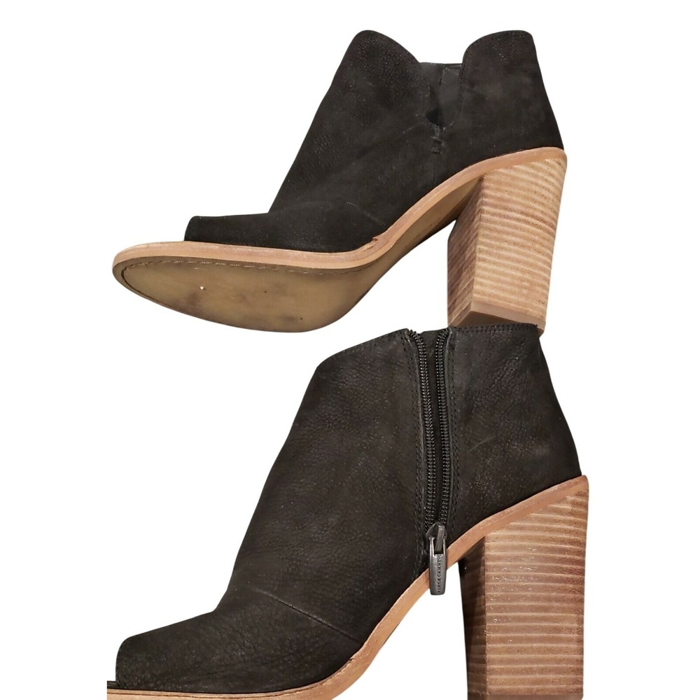 Vince Camuto Black Leather Open Toe Booties‎ Block Heel Ankle Boots